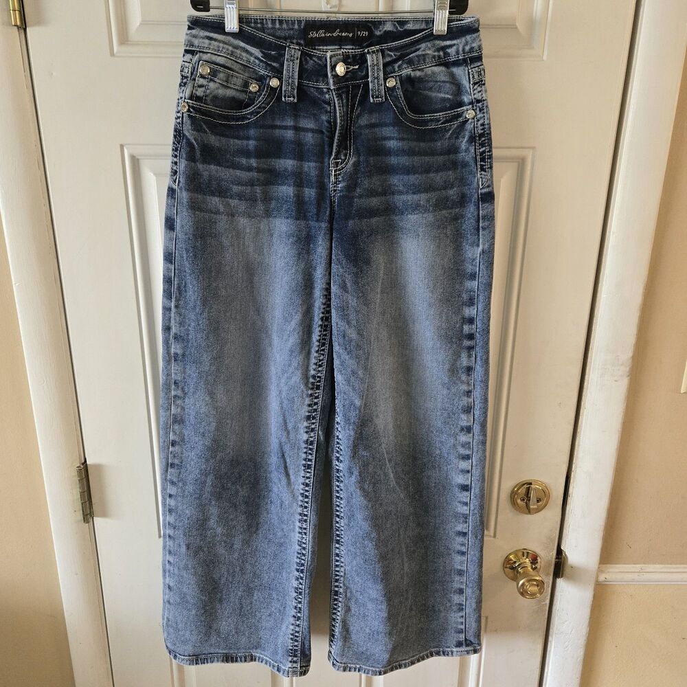 Y2K Stella In Dreams Mid Rise Baggy Wide Leg Jeans Size 9/29 Embroidered Pockets